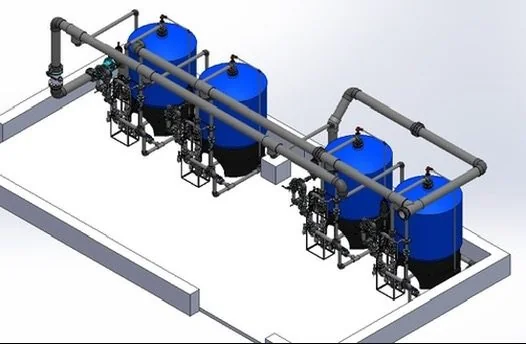3D-модель станції знезалізнення води: чотири колони з колектором і вузлами клапанів
