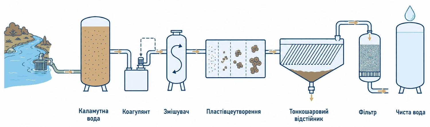 Схема лінії освітлення поверхневої води: водозабір з річки, бак каламутної води, дозування коагулянту, змішувач, камера пластівцеутворення, тонкошаровий відстійник зі скидом осаду, швидкий фільтр і резервуар чистої води