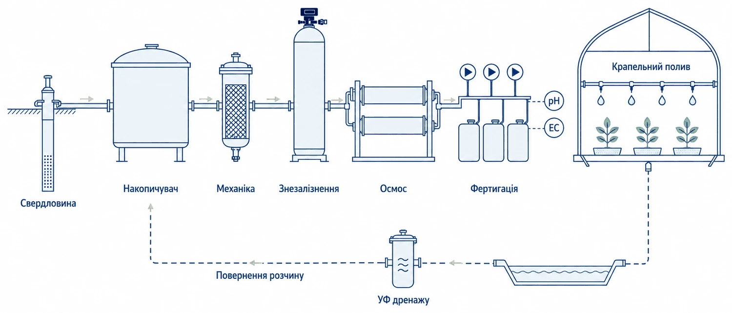 Схема водопідготовки теплиці: свердловина, накопичувач, механіка, знезалізнення, осмос, вузол фертигації, крапельний полив і повернення дренажу через УФ